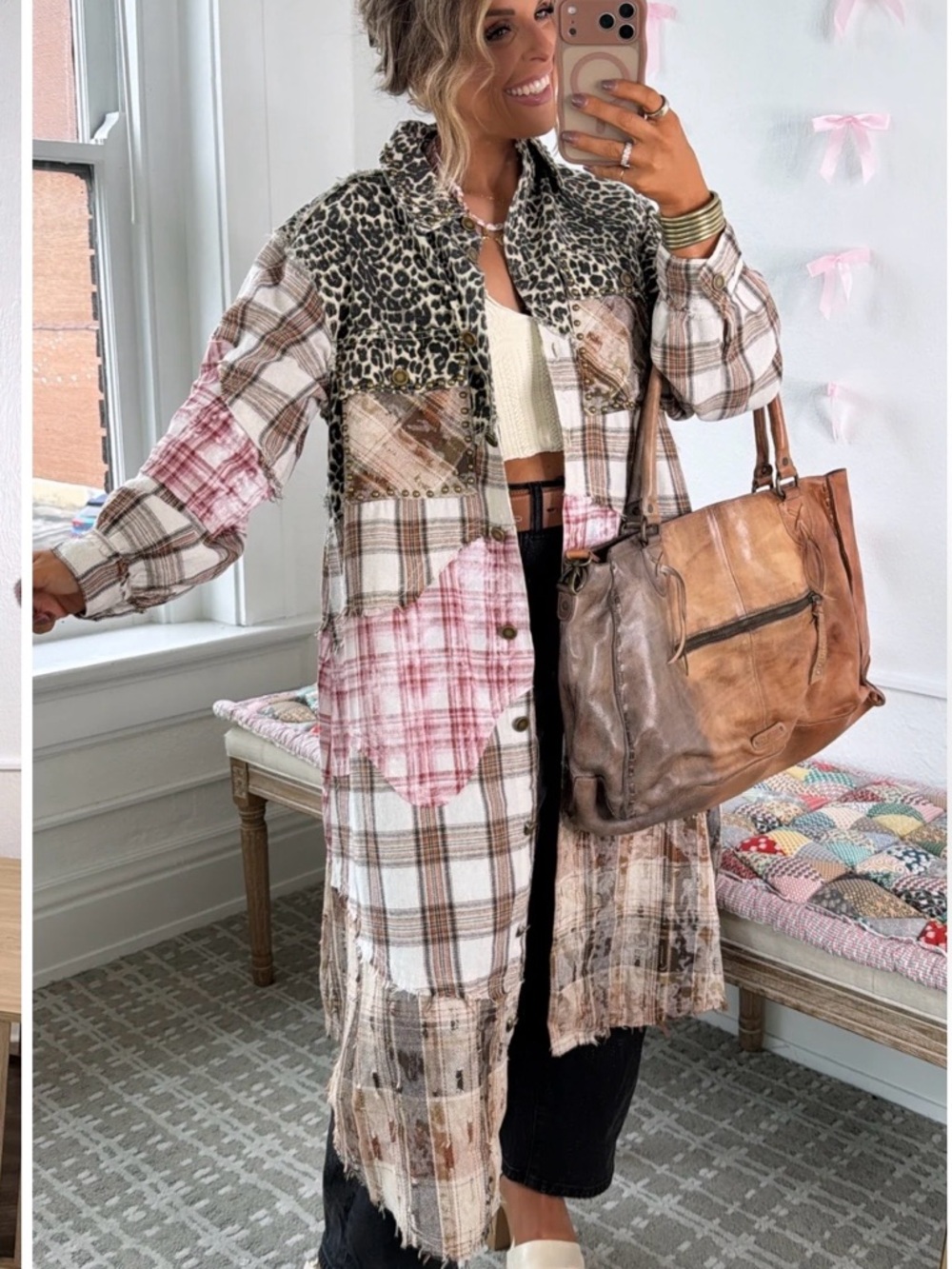 POL Patchwork Plaid Long Sleeve Duster Jacket in Brown, Pink, Cream